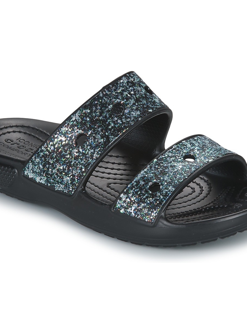 CROCS Black Slide Sandals with Blue-Green Glitter Straps